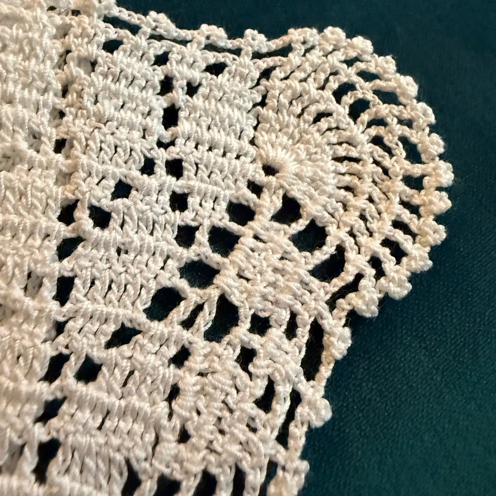 Vintage White Crochet Table Runner Rectangular Lace Boho Cottagecore Decor 33x12